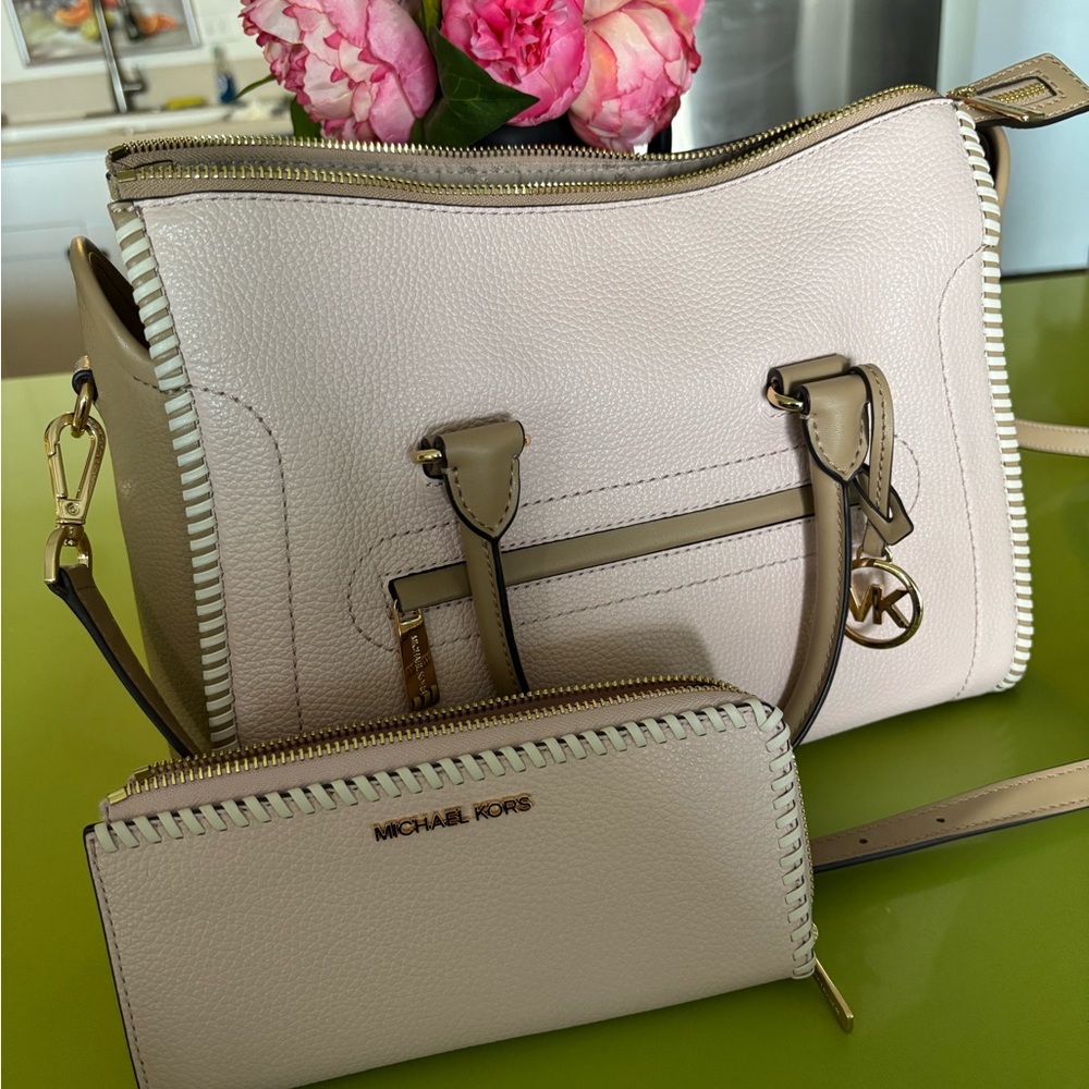 Michael Kors Cream Satchel with Decorative Stitching